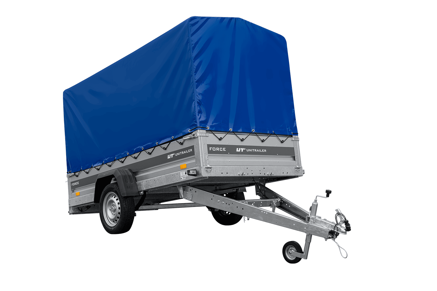 UNITRAILER Force 264/R KIPP – PKW-Anhänger 264,7 × 126 cm – 750 kg – Einachser – mit Blattfederung – mit geschweißtem Rahmen – 110 cm hohe blaue Plane – Ansicht 1