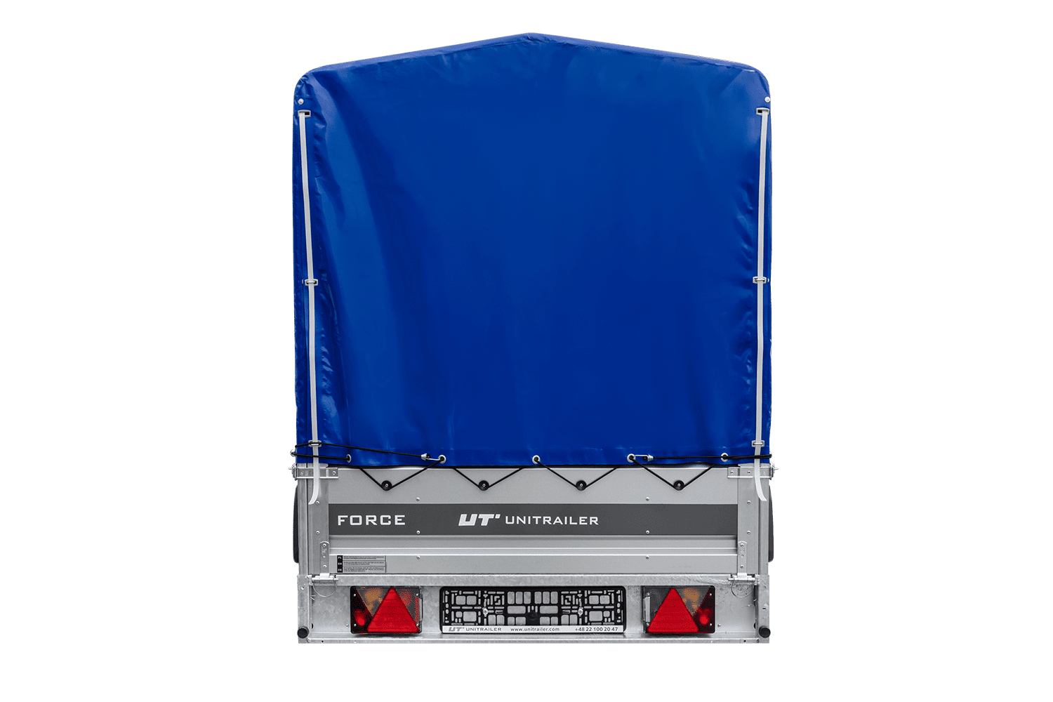 UNITRAILER Force 264/R KIPP – PKW-Anhänger 264,7 × 126 cm – 750 kg – Einachser – mit Blattfederung – mit geschweißtem Rahmen – 110 cm hohe blaue Plane – Ansicht 3
