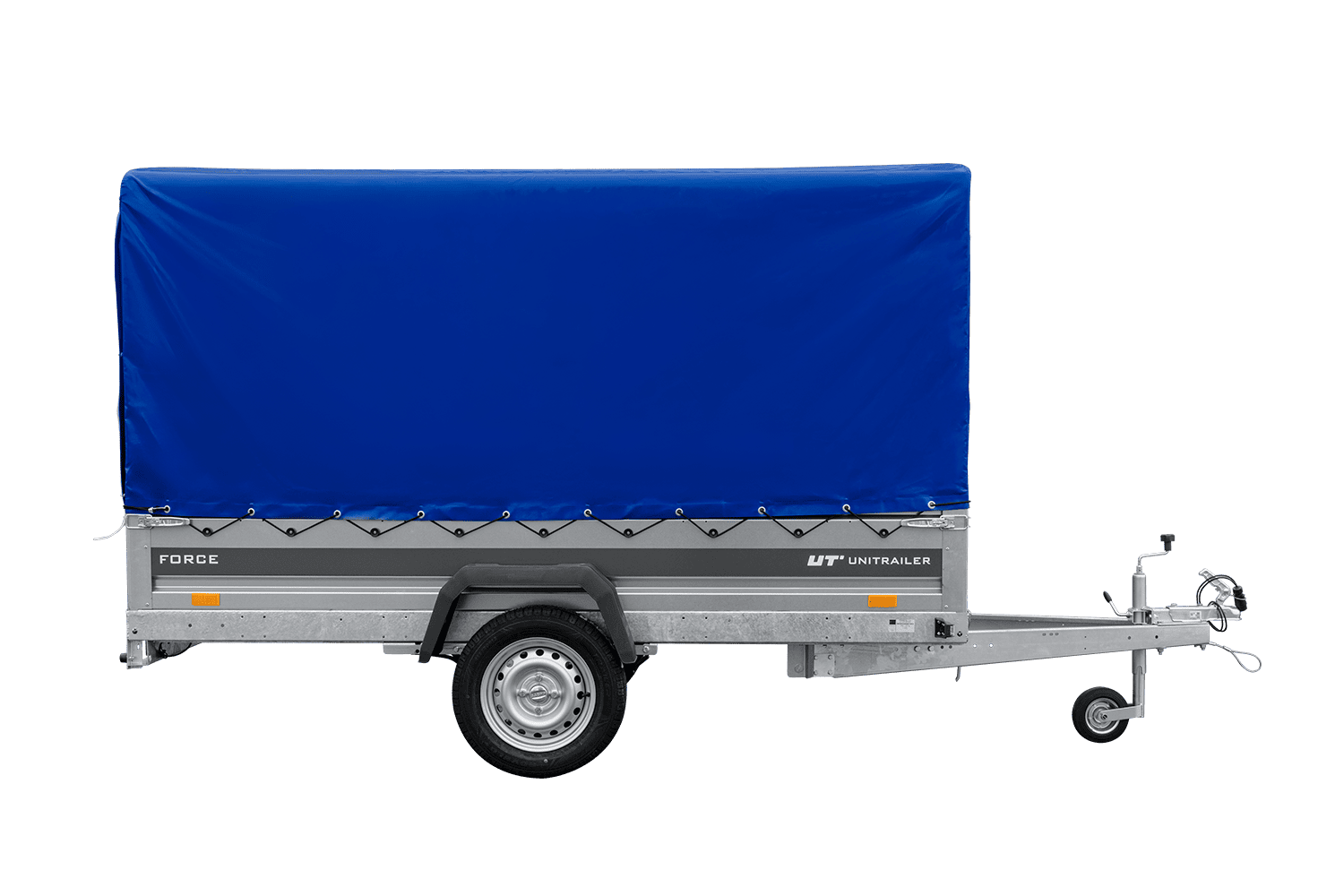 UNITRAILER Force 264/R KIPP – PKW-Anhänger 264,7 × 126 cm – 750 kg – Einachser – mit Blattfederung – mit geschweißtem Rahmen – 110 cm hohe blaue Plane – Ansicht 4