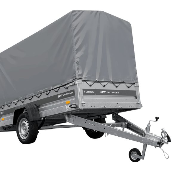 UNITRAILER Force 264/R KIPP – PKW-Anhänger 264,7 × 126 cm – 750 kg – Einachser – mit Blattfederung – mit geschweißtem Rahmen – 110 cm hohe graue Plane – Ansicht 1