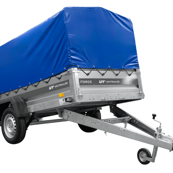 UNITRAILER Force 264/R KIPP – PKW-Anhänger 264,7 × 126 cm – 750 kg – Einachser – mit Blattfederung – mit geschweißtem Rahmen – 80 cm hohe blaue Plane – Ansicht 1