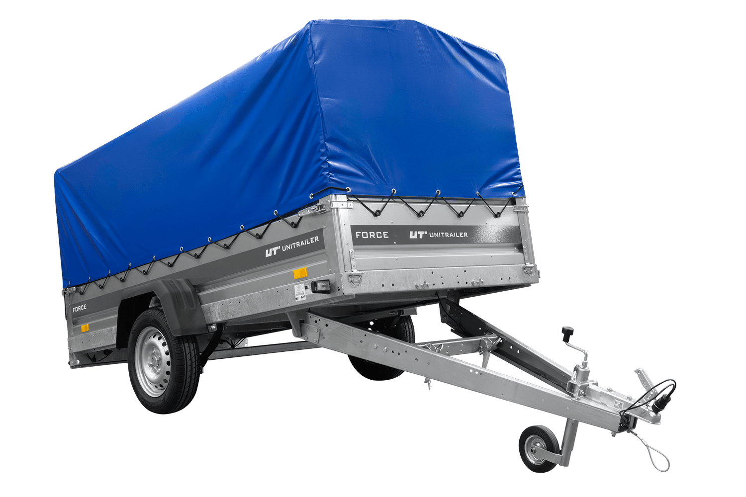 UNITRAILER Force 264/R KIPP – PKW-Anhänger 264,7 × 126 cm – 750 kg – Einachser – mit Blattfederung – mit geschweißtem Rahmen – 80 cm hohe blaue Plane – Ansicht 1