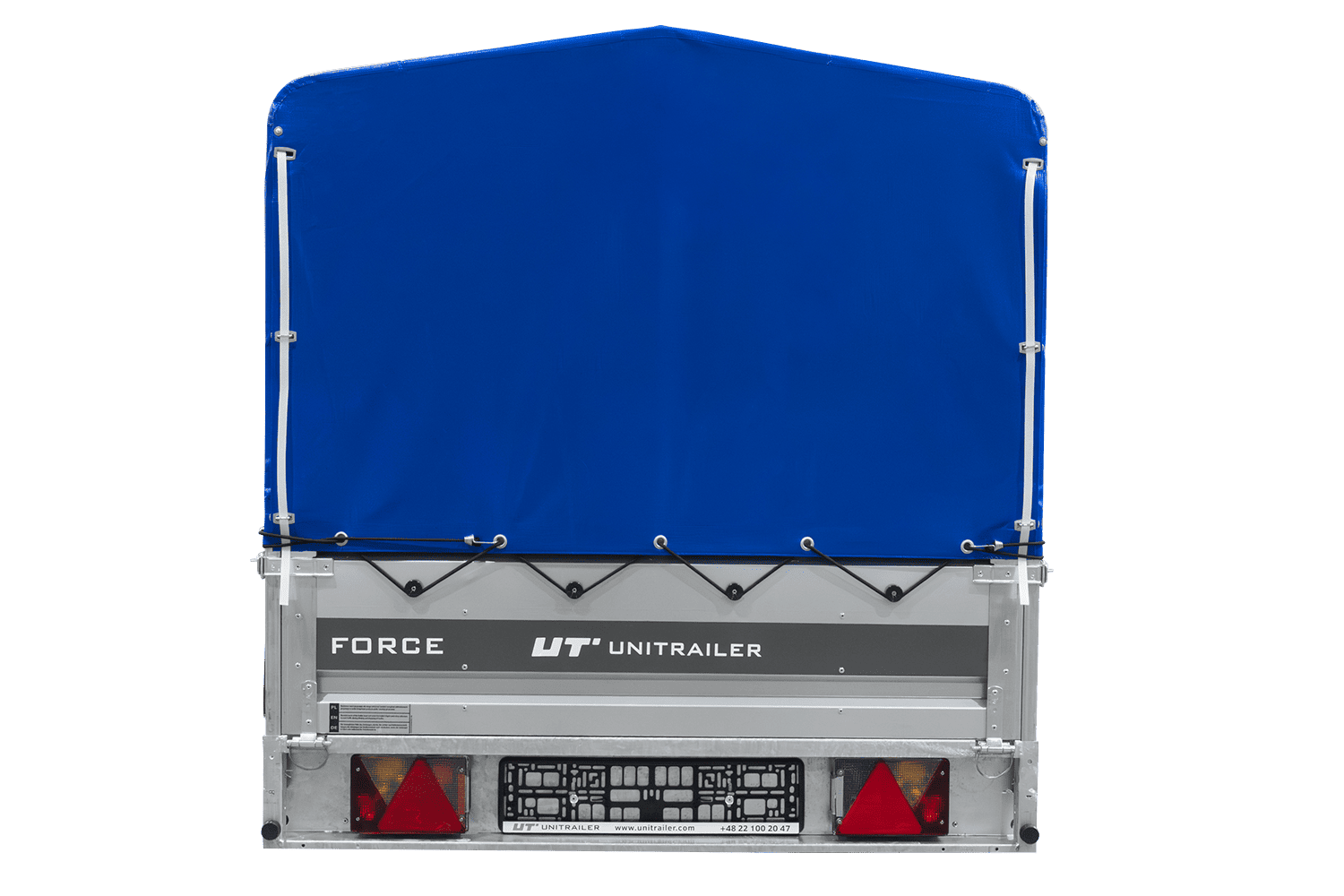 UNITRAILER Force 264/R KIPP – PKW-Anhänger 264,7 × 126 cm – 750 kg – Einachser – mit Blattfederung – mit geschweißtem Rahmen – 80 cm hohe blaue Plane – Ansicht 3