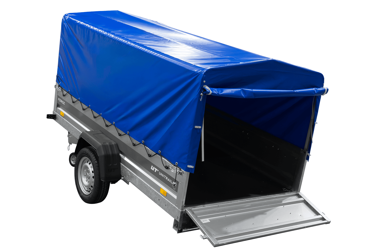 UNITRAILER Force 264/R KIPP – PKW-Anhänger 264,7 × 126 cm – 750 kg – Einachser – mit Blattfederung – mit geschweißtem Rahmen – 80 cm hohe blaue Plane – Ansicht 4