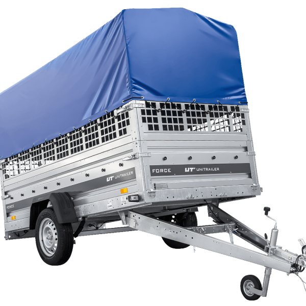 UNITRAILER Force 264/R KIPP – PKW-Anhänger 264,7 × 126 cm – 750 kg – Einachser – mit Blattfederung – mit geschweißtem Rahmen – 80 cm hohe blaue Plane – Zusatzbordwände: Stahlgitterbordwände – Ansicht 1