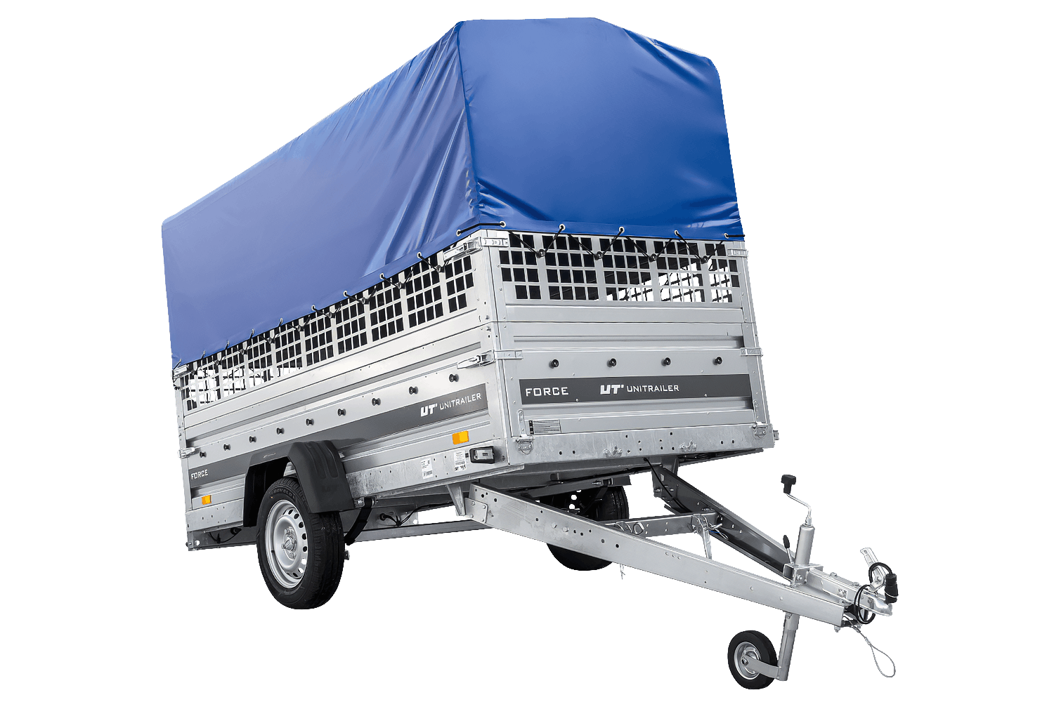 UNITRAILER Force 264/R KIPP – PKW-Anhänger 264,7 × 126 cm – 750 kg – Einachser – mit Blattfederung – mit geschweißtem Rahmen – 80 cm hohe blaue Plane – Zusatzbordwände: Stahlgitterbordwände – Ansicht 1