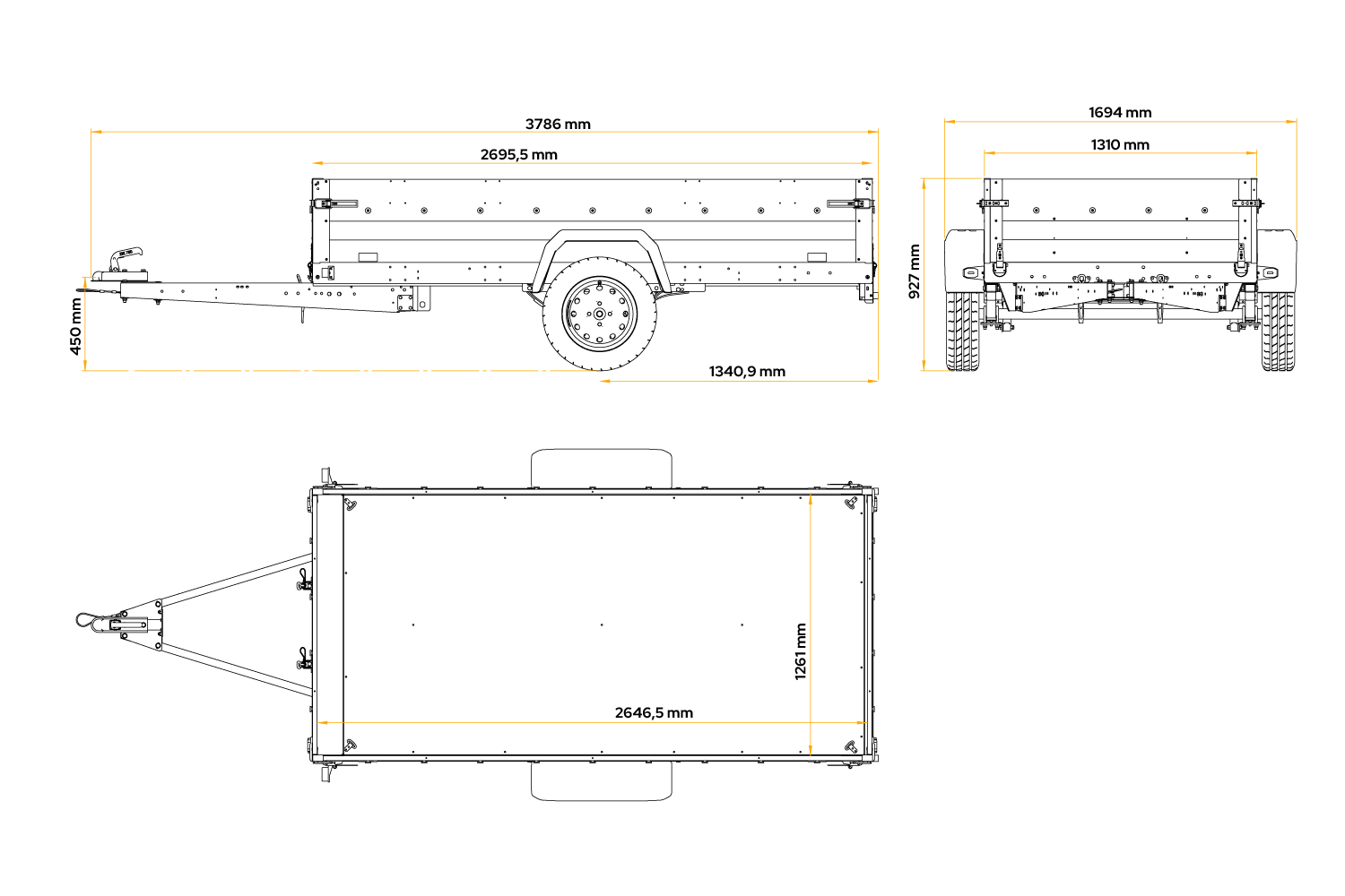 UNITRAILER Force 264/R KIPP – PKW-Anhänger 264,7 × 126 cm – 750 kg – Einachser – mit Blattfederung – mit geschweißtem Rahmen – 80 cm hohe blaue Plane – Zusatzbordwände: Stahlgitterbordwände – Ansicht 2