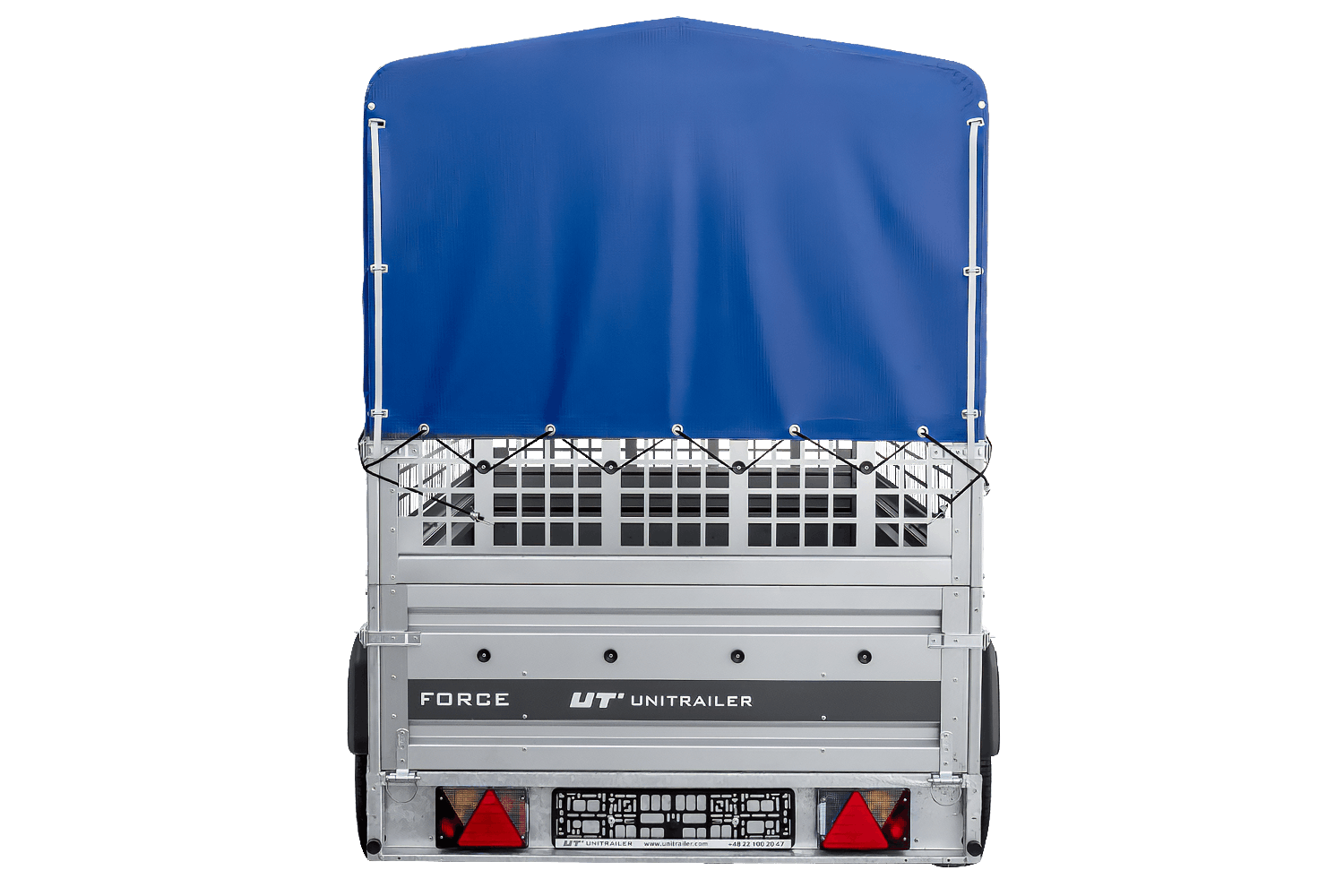 UNITRAILER Force 264/R KIPP – PKW-Anhänger 264,7 × 126 cm – 750 kg – Einachser – mit Blattfederung – mit geschweißtem Rahmen – 80 cm hohe blaue Plane – Zusatzbordwände: Stahlgitterbordwände – Ansicht 3