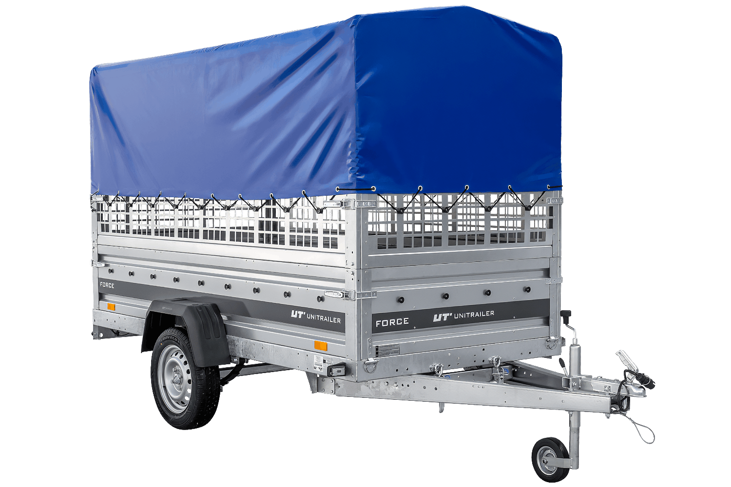 UNITRAILER Force 264/R KIPP – PKW-Anhänger 264,7 × 126 cm – 750 kg – Einachser – mit Blattfederung – mit geschweißtem Rahmen – 80 cm hohe blaue Plane – Zusatzbordwände: Stahlgitterbordwände – Ansicht 4