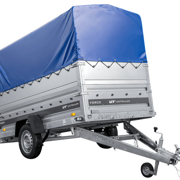 UNITRAILER Force 264/R KIPP – PKW-Anhänger 264,7 × 126 cm – 750 kg – Einachser – mit Blattfederung – mit geschweißtem Rahmen – 80 cm hohe blaue Plane – Zusatzbordwände: zusätzliche Vollwand-Stahlbordwände – Ansicht 1