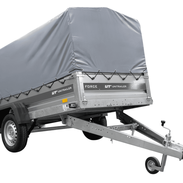 UNITRAILER Force 264/R KIPP – PKW-Anhänger 264,7 × 126 cm – 750 kg – Einachser – mit Blattfederung – mit geschweißtem Rahmen – 80 cm hohe graue Plane – Ansicht 1