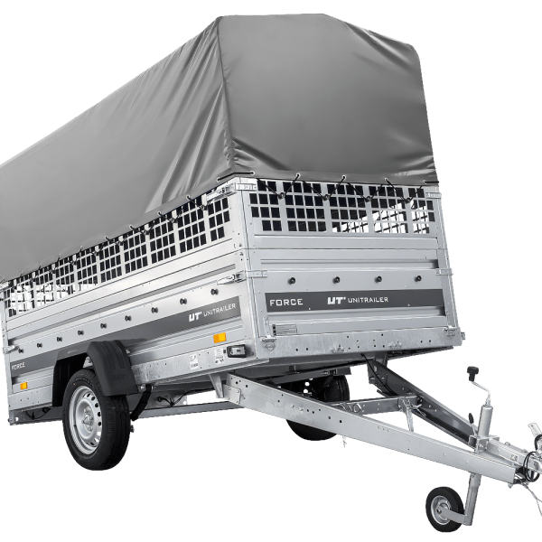 UNITRAILER Force 264/R KIPP – PKW-Anhänger 264,7 × 126 cm – 750 kg – Einachser – mit Blattfederung – mit geschweißtem Rahmen – 80 cm hohe graue Plane – Zusatzbordwände: Stahlgitterbordwände – Ansicht 1