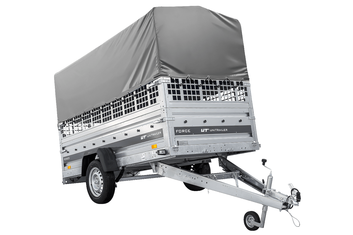 UNITRAILER Force 264/R KIPP – PKW-Anhänger 264,7 × 126 cm – 750 kg – Einachser – mit Blattfederung – mit geschweißtem Rahmen – 80 cm hohe graue Plane – Zusatzbordwände: Stahlgitterbordwände – Ansicht 1
