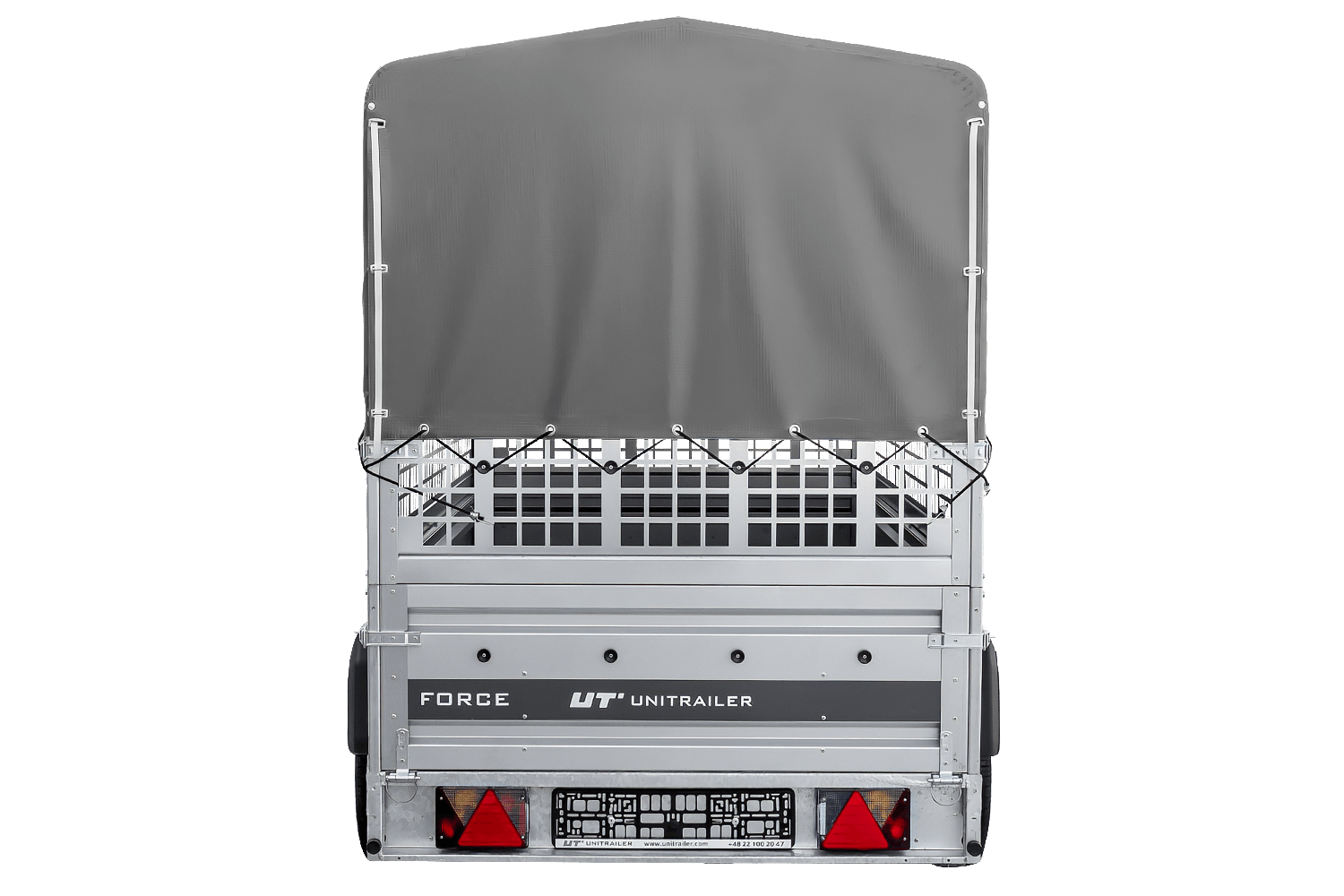 UNITRAILER Force 264/R KIPP – PKW-Anhänger 264,7 × 126 cm – 750 kg – Einachser – mit Blattfederung – mit geschweißtem Rahmen – 80 cm hohe graue Plane – Zusatzbordwände: Stahlgitterbordwände – Ansicht 3