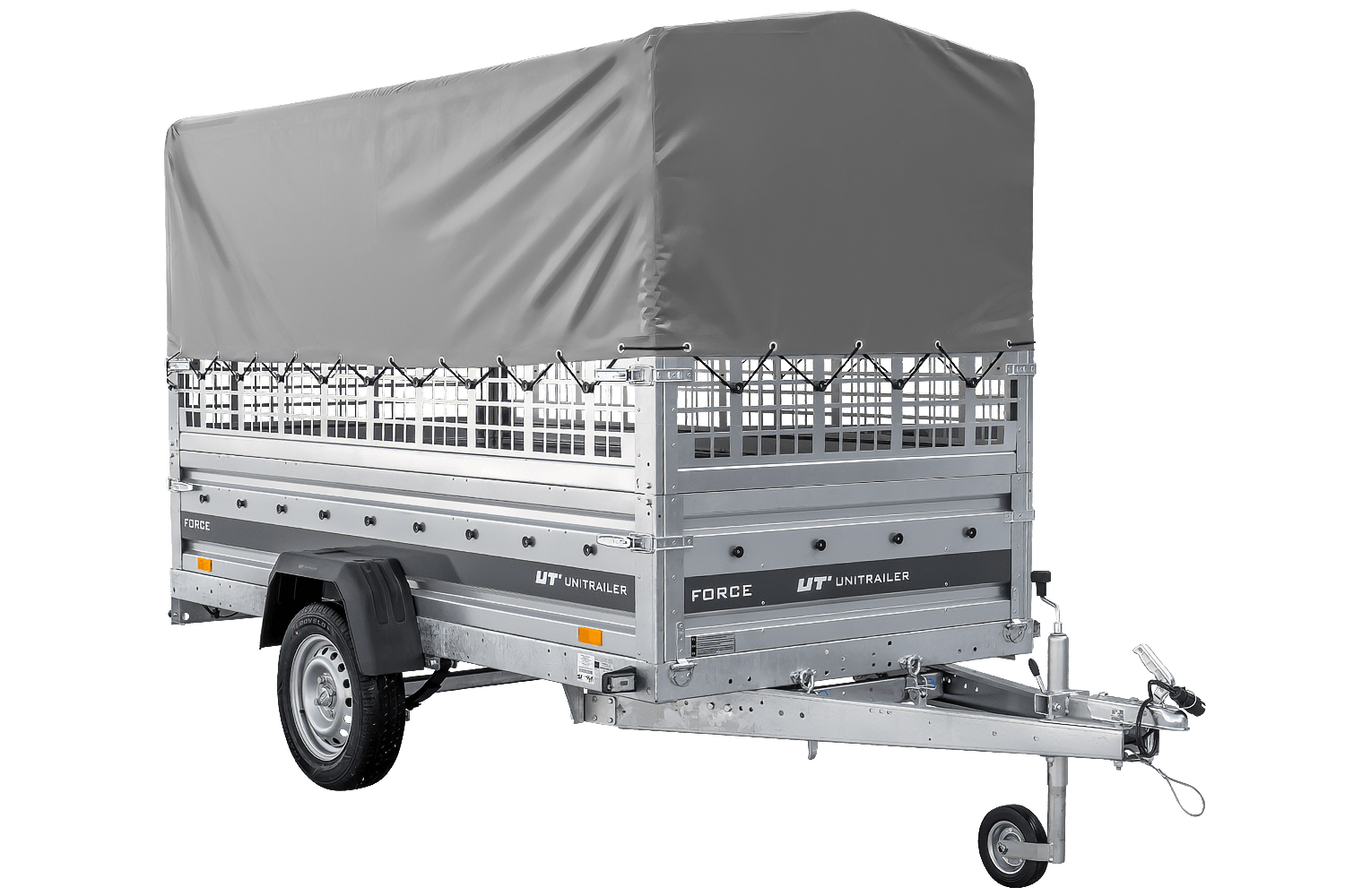 UNITRAILER Force 264/R KIPP – PKW-Anhänger 264,7 × 126 cm – 750 kg – Einachser – mit Blattfederung – mit geschweißtem Rahmen – 80 cm hohe graue Plane – Zusatzbordwände: Stahlgitterbordwände – Ansicht 4