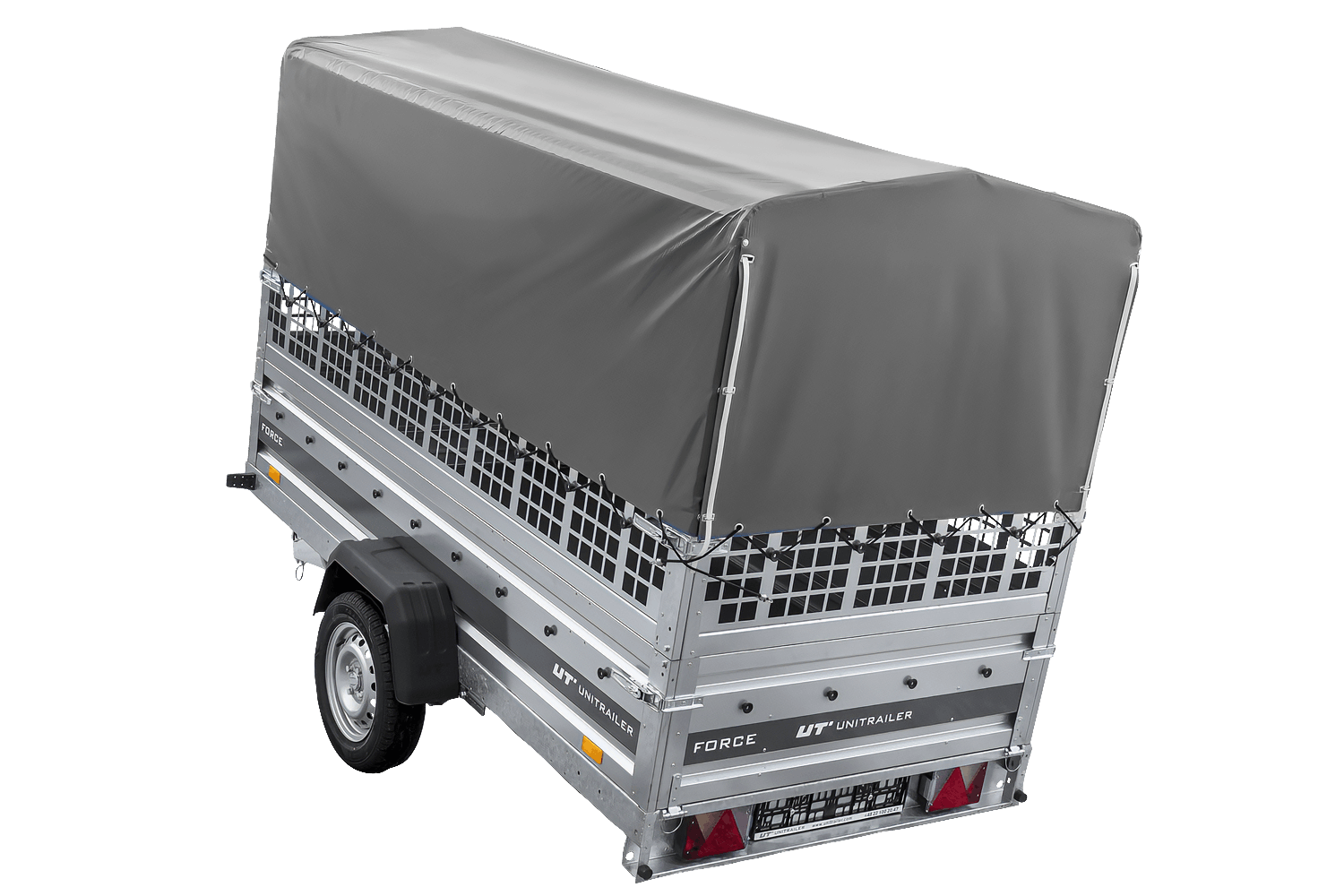 UNITRAILER Force 264/R KIPP – PKW-Anhänger 264,7 × 126 cm – 750 kg – Einachser – mit Blattfederung – mit geschweißtem Rahmen – 80 cm hohe graue Plane – Zusatzbordwände: Stahlgitterbordwände – Ansicht 5