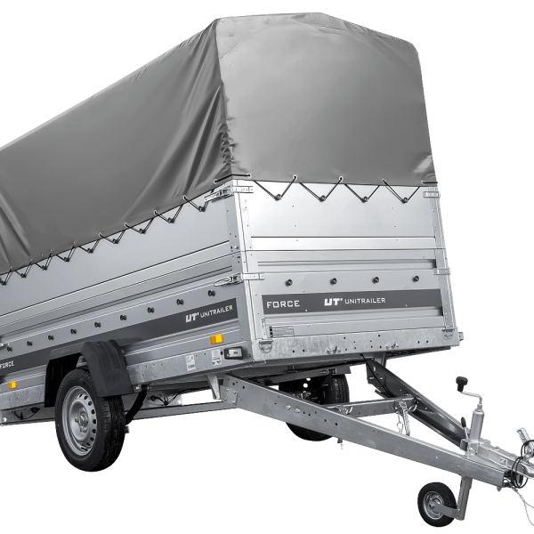 UNITRAILER Force 264/R KIPP – PKW-Anhänger 264,7 × 126 cm – 750 kg – Einachser – mit Blattfederung – mit geschweißtem Rahmen – 80 cm hohe graue Plane – Zusatzbordwände: zusätzliche Vollwand-Stahlbordwände – Ansicht 1