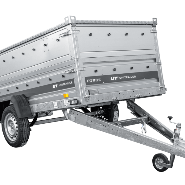 UNITRAILER Force 264/R KIPP – PKW-Anhänger 264,7 × 126 cm – 750 kg – Einachser – mit Blattfederung – mit geschweißtem Rahmen – Aluminiumhaube – Zusatzbordwände: zusätzliche Vollwand-Stahlbordwände – Ansicht 1