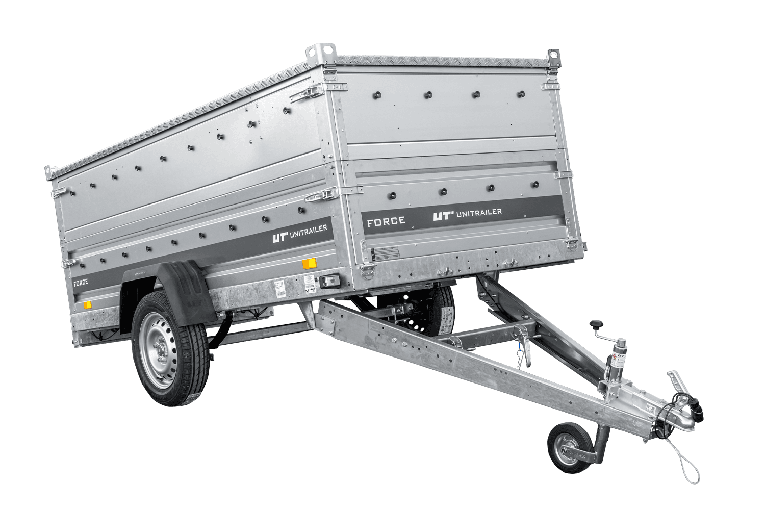 UNITRAILER Force 264/R KIPP – PKW-Anhänger 264,7 × 126 cm – 750 kg – Einachser – mit Blattfederung – mit geschweißtem Rahmen – Aluminiumhaube – Zusatzbordwände: zusätzliche Vollwand-Stahlbordwände – Ansicht 1