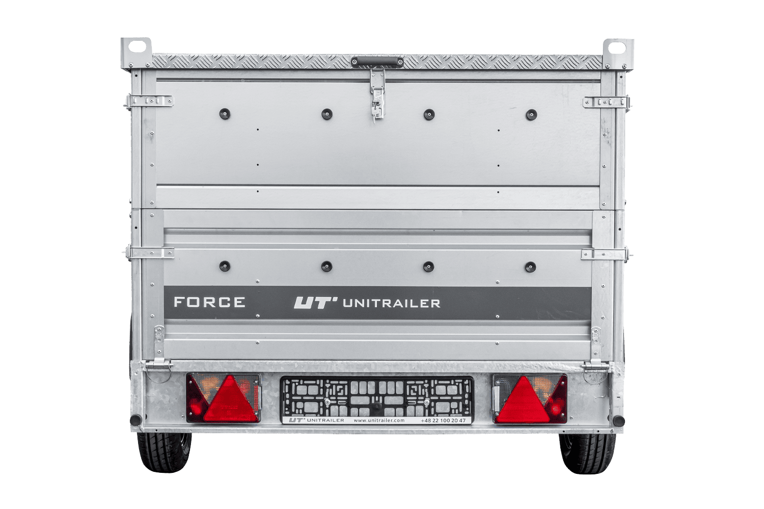 UNITRAILER Force 264/R KIPP – PKW-Anhänger 264,7 × 126 cm – 750 kg – Einachser – mit Blattfederung – mit geschweißtem Rahmen – Aluminiumhaube – Zusatzbordwände: zusätzliche Vollwand-Stahlbordwände – Ansicht 3