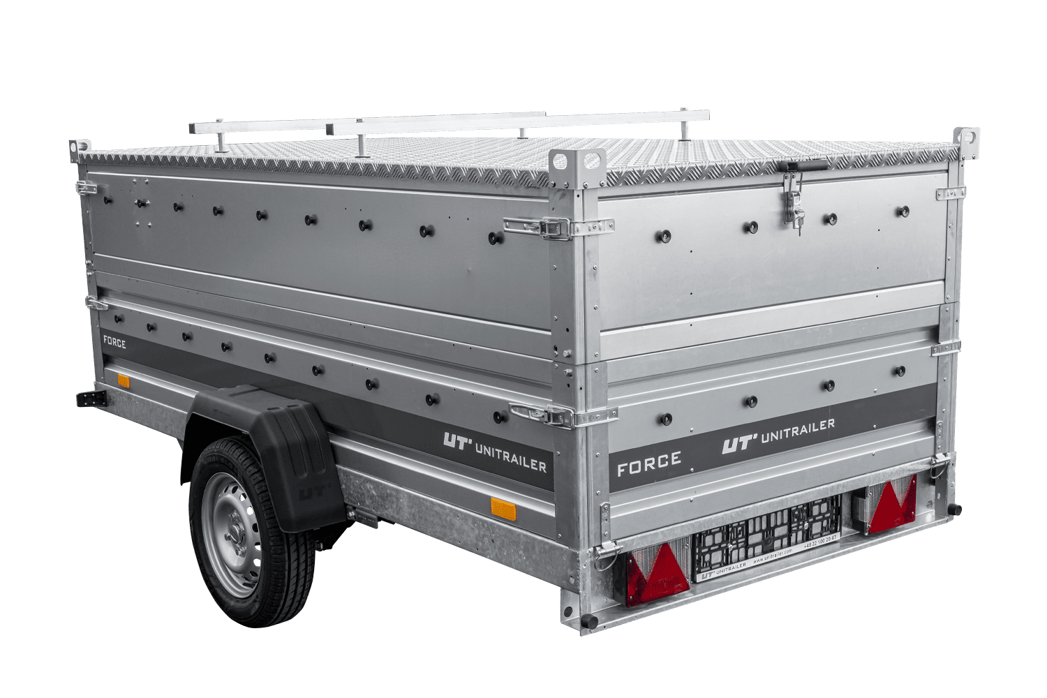 UNITRAILER Force 264/R KIPP – PKW-Anhänger 264,7 × 126 cm – 750 kg – Einachser – mit Blattfederung – mit geschweißtem Rahmen – Aluminiumhaube – Zusatzbordwände: zusätzliche Vollwand-Stahlbordwände – Ansicht 5