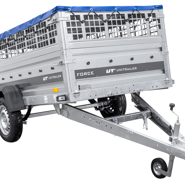 UNITRAILER Force 264/R KIPP – PKW-Anhänger 264,7 × 126 cm – 750 kg – Einachser – mit Blattfederung – mit geschweißtem Rahmen – flache blaue Plane – Zusatzbordwände: Stahlgitterbordwände – mit Flachplanenträger – Ansicht 1