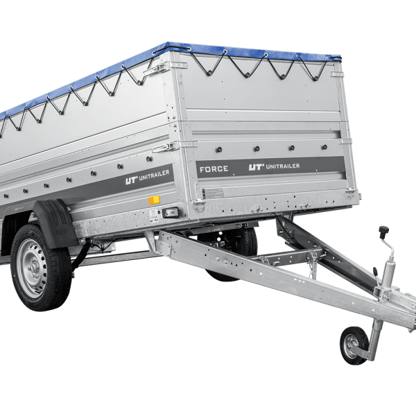 UNITRAILER Force 264/R KIPP – PKW-Anhänger 264,7 × 126 cm – 750 kg – Einachser – mit Blattfederung – mit geschweißtem Rahmen – flache blaue Plane – Zusatzbordwände: zusätzliche Vollwand-Stahlbordwände – mit Flachplanenträger – Ansicht 1