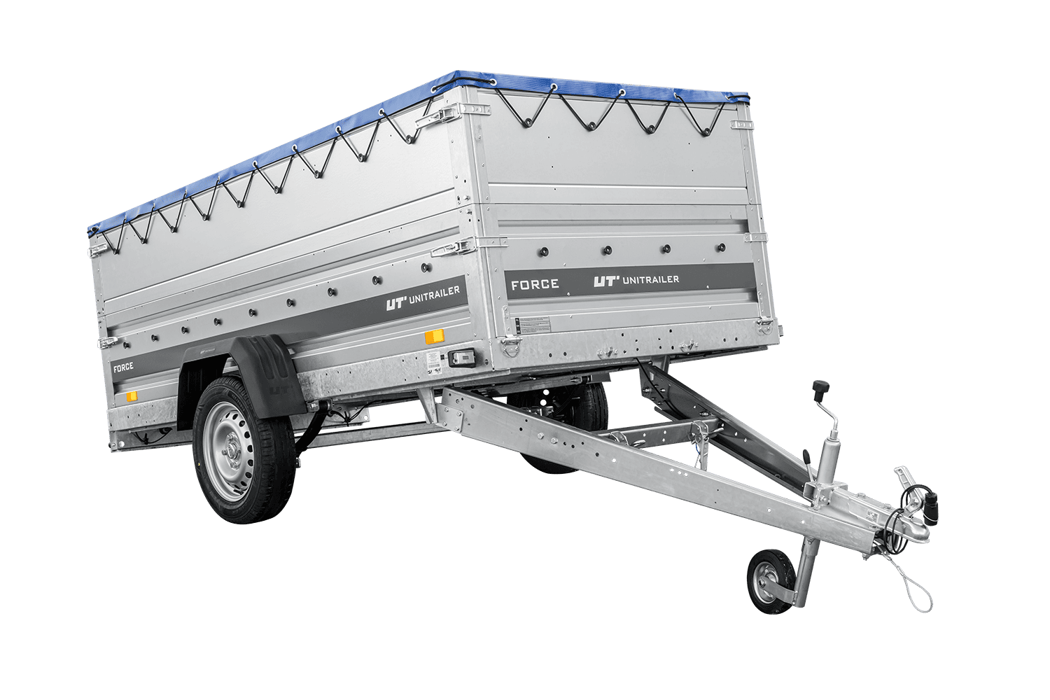 UNITRAILER Force 264/R KIPP – PKW-Anhänger 264,7 × 126 cm – 750 kg – Einachser – mit Blattfederung – mit geschweißtem Rahmen – flache blaue Plane – Zusatzbordwände: zusätzliche Vollwand-Stahlbordwände – mit Flachplanenträger – Ansicht 1