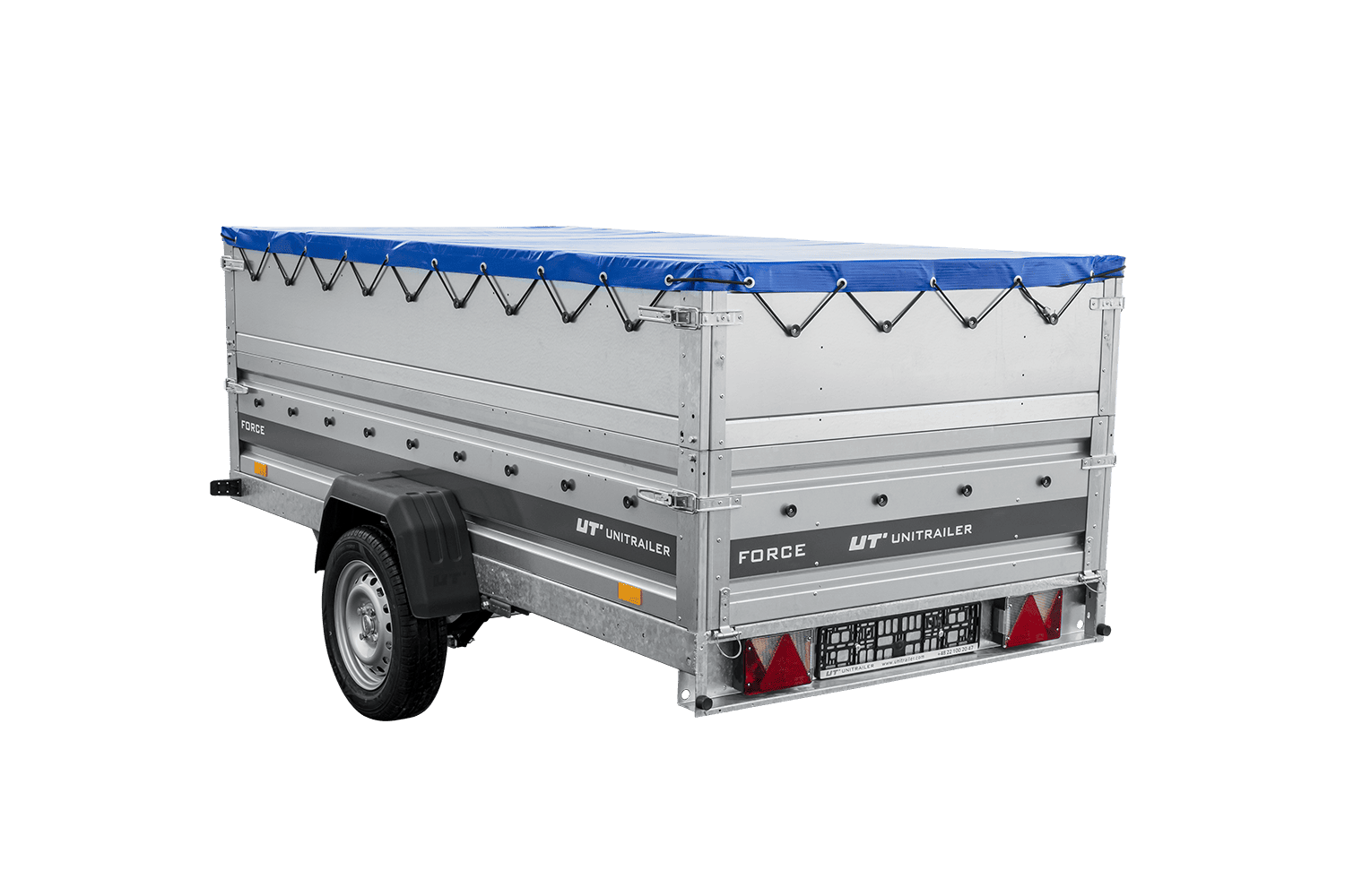 UNITRAILER Force 264/R KIPP – PKW-Anhänger 264,7 × 126 cm – 750 kg – Einachser – mit Blattfederung – mit geschweißtem Rahmen – flache blaue Plane – Zusatzbordwände: zusätzliche Vollwand-Stahlbordwände – mit Flachplanenträger – Ansicht 3