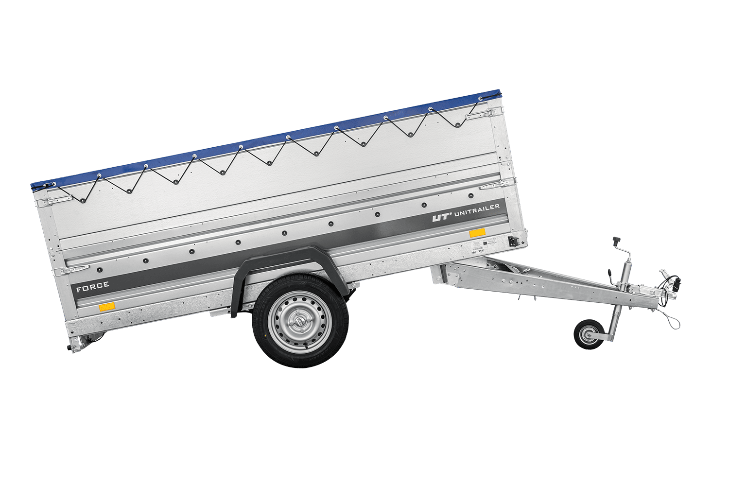 UNITRAILER Force 264/R KIPP – PKW-Anhänger 264,7 × 126 cm – 750 kg – Einachser – mit Blattfederung – mit geschweißtem Rahmen – flache blaue Plane – Zusatzbordwände: zusätzliche Vollwand-Stahlbordwände – mit Flachplanenträger – Ansicht 4