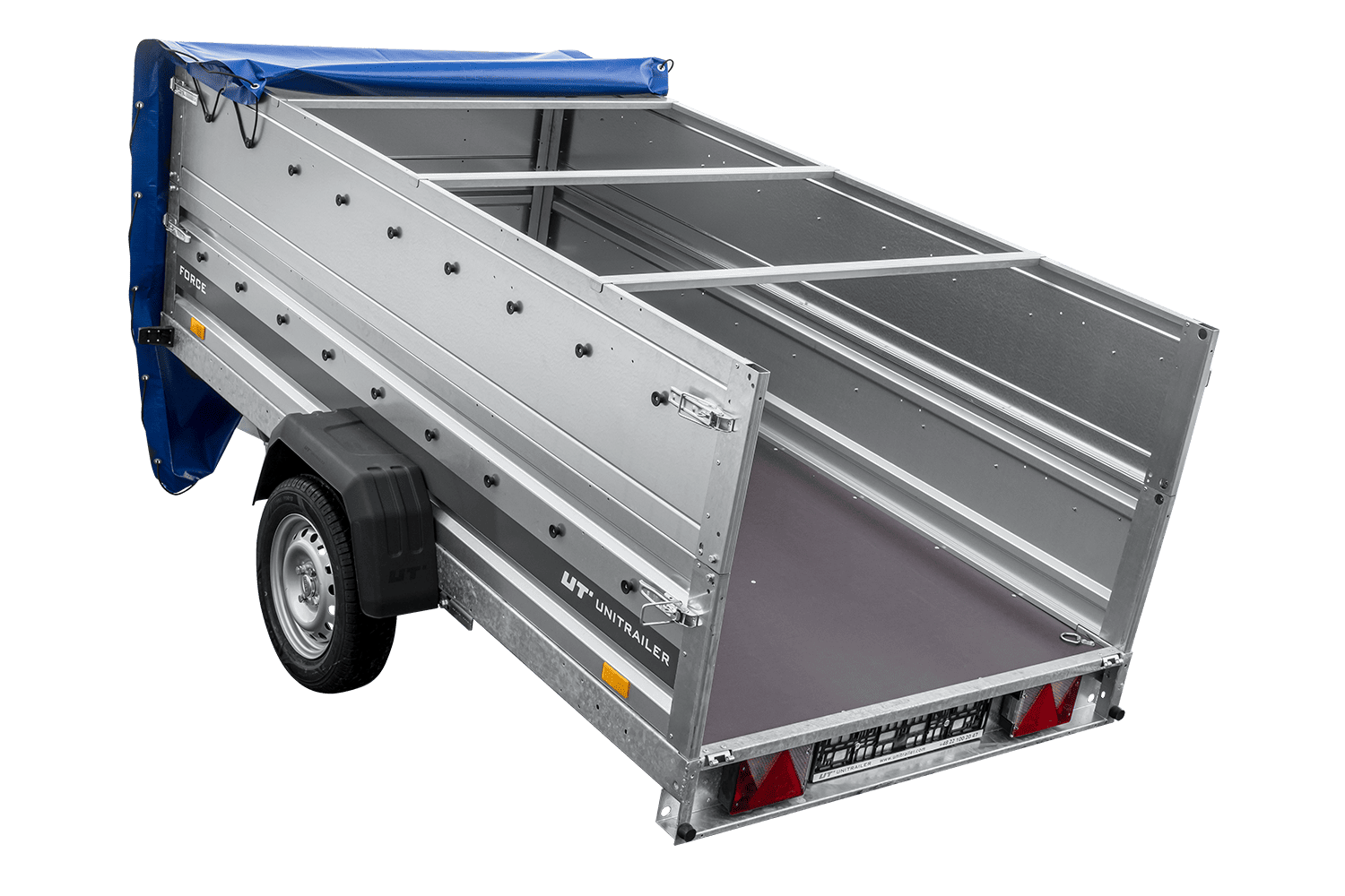 UNITRAILER Force 264/R KIPP – PKW-Anhänger 264,7 × 126 cm – 750 kg – Einachser – mit Blattfederung – mit geschweißtem Rahmen – flache blaue Plane – Zusatzbordwände: zusätzliche Vollwand-Stahlbordwände – mit Flachplanenträger – Ansicht 5