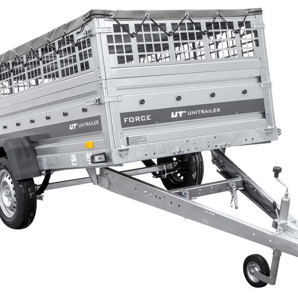 UNITRAILER Force 264/R KIPP – PKW-Anhänger 264,7 × 126 cm – 750 kg – Einachser – mit Blattfederung – mit geschweißtem Rahmen – flache graue Plane – Zusatzbordwände: Stahlgitterbordwände – mit Flachplanenträger – Ansicht 1
