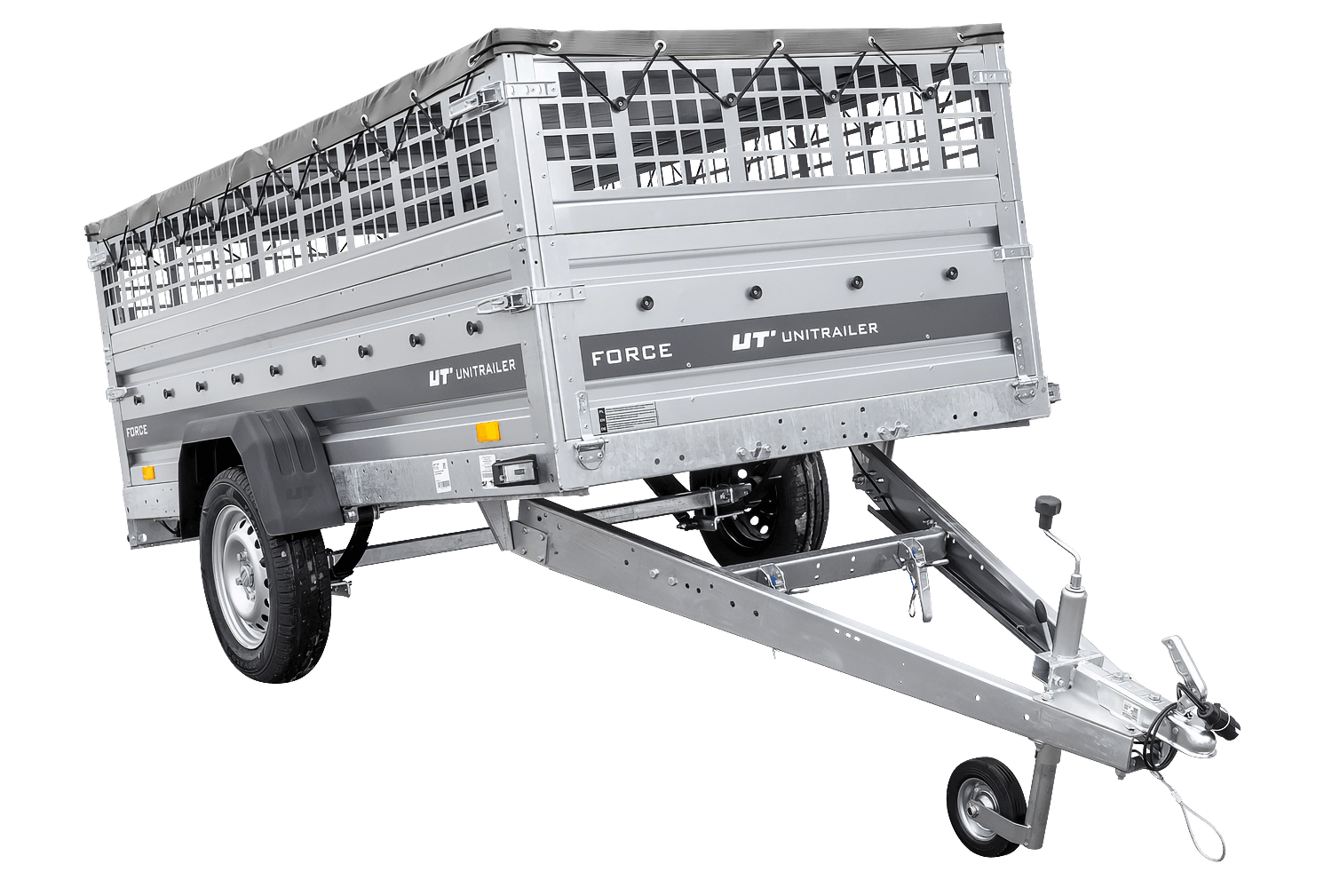 UNITRAILER Force 264/R KIPP – PKW-Anhänger 264,7 × 126 cm – 750 kg – Einachser – mit Blattfederung – mit geschweißtem Rahmen – flache graue Plane – Zusatzbordwände: Stahlgitterbordwände – mit Flachplanenträger – Ansicht 1