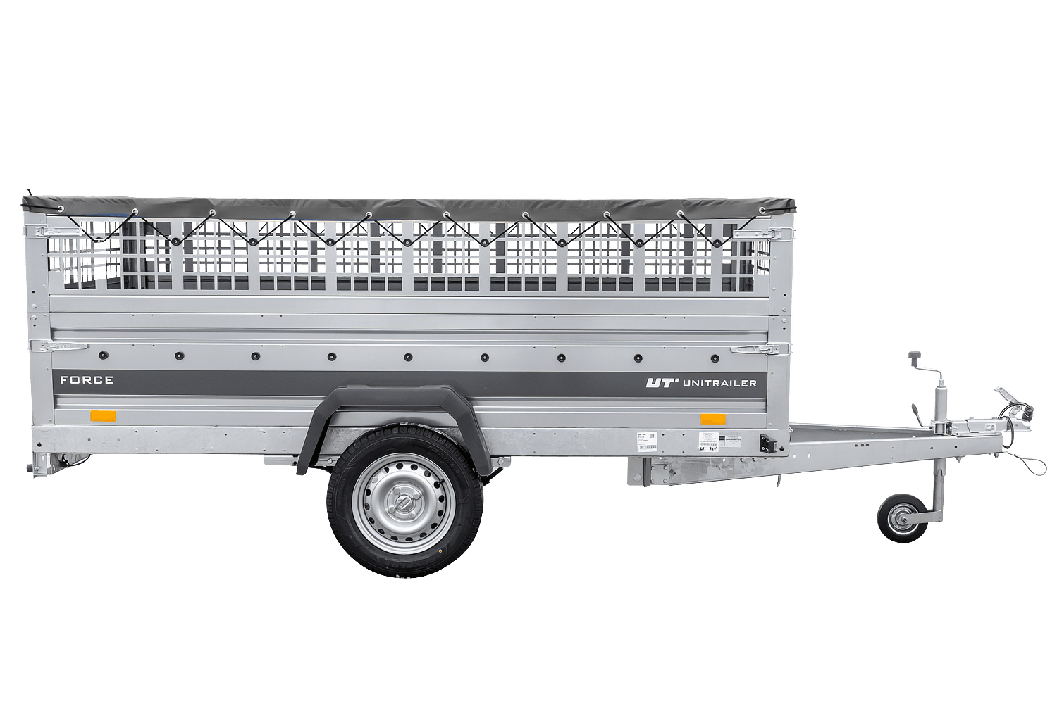 UNITRAILER Force 264/R KIPP – PKW-Anhänger 264,7 × 126 cm – 750 kg – Einachser – mit Blattfederung – mit geschweißtem Rahmen – flache graue Plane – Zusatzbordwände: Stahlgitterbordwände – mit Flachplanenträger – Ansicht 3