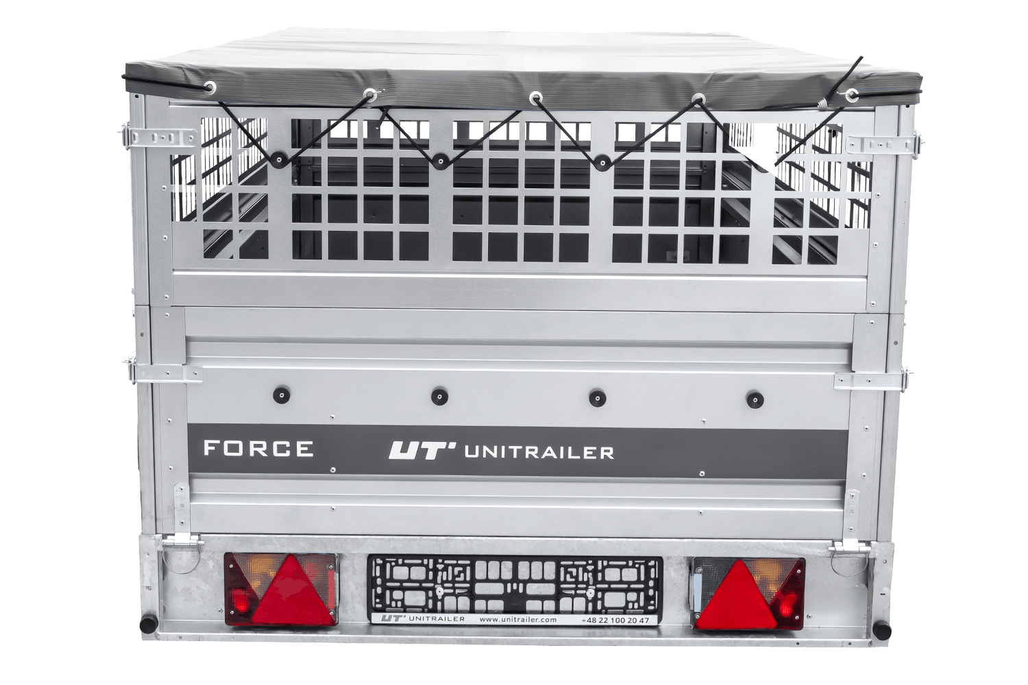 UNITRAILER Force 264/R KIPP – PKW-Anhänger 264,7 × 126 cm – 750 kg – Einachser – mit Blattfederung – mit geschweißtem Rahmen – flache graue Plane – Zusatzbordwände: Stahlgitterbordwände – mit Flachplanenträger – Ansicht 4