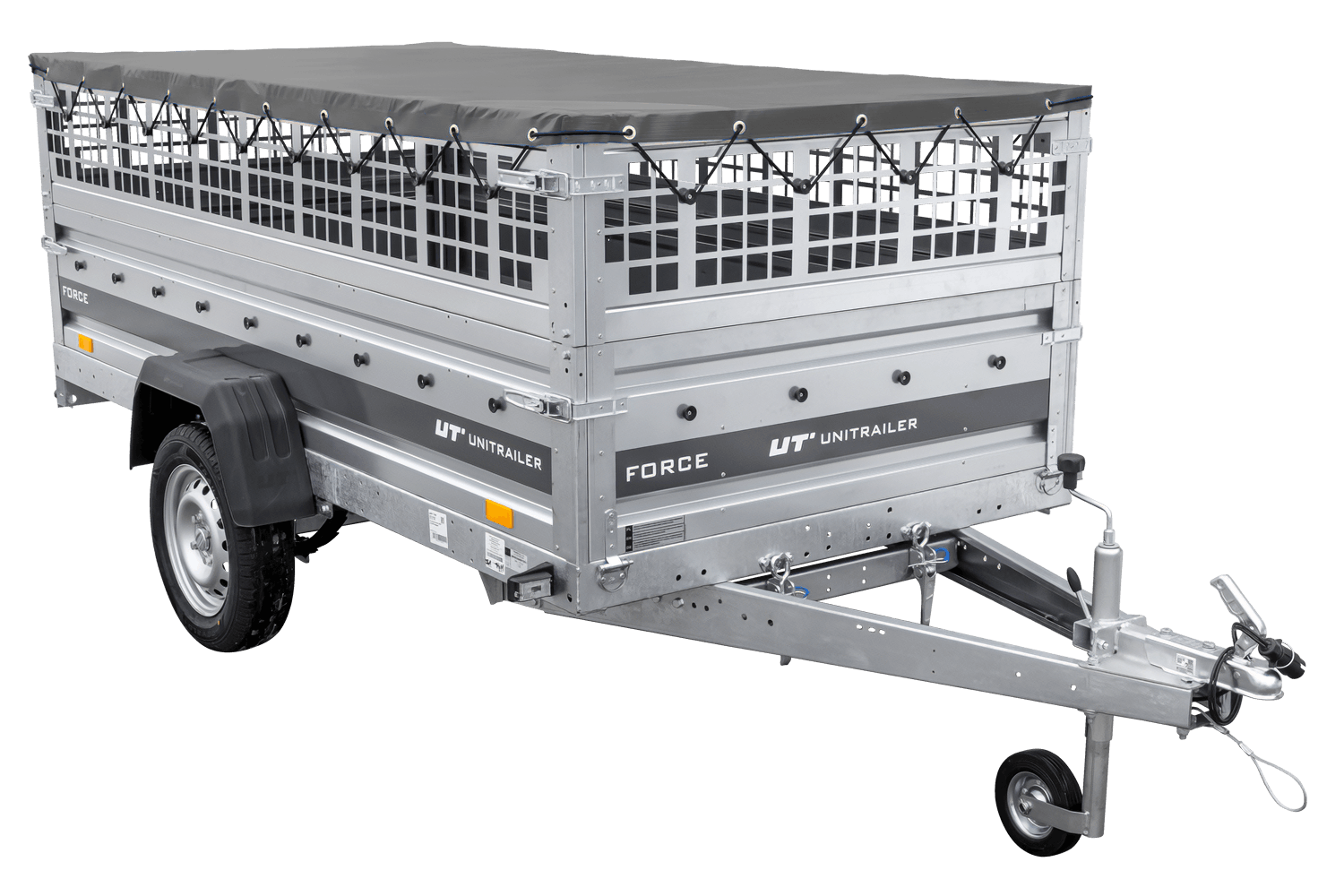 UNITRAILER Force 264/R KIPP – PKW-Anhänger 264,7 × 126 cm – 750 kg – Einachser – mit Blattfederung – mit geschweißtem Rahmen – flache graue Plane – Zusatzbordwände: Stahlgitterbordwände – mit Flachplanenträger – Ansicht 5