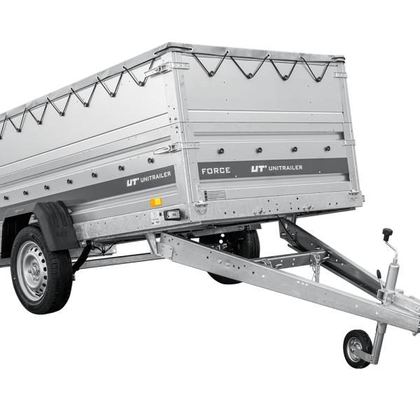 UNITRAILER Force 264/R KIPP – PKW-Anhänger 264,7 × 126 cm – 750 kg – Einachser – mit Blattfederung – mit geschweißtem Rahmen – flache graue Plane – Zusatzbordwände: zusätzliche Vollwand-Stahlbordwände – mit Flachplanenträger – Ansicht 1