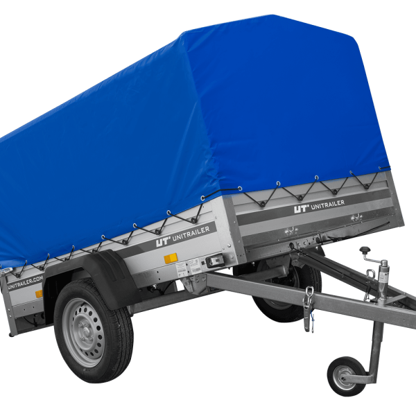UNITRAILER Garden 201 KIPP ALU – PKW-Anhänger 201 × 125,6 cm – 750 kg – Einachser – 80 cm hohe blaue Plane – Ansicht 1