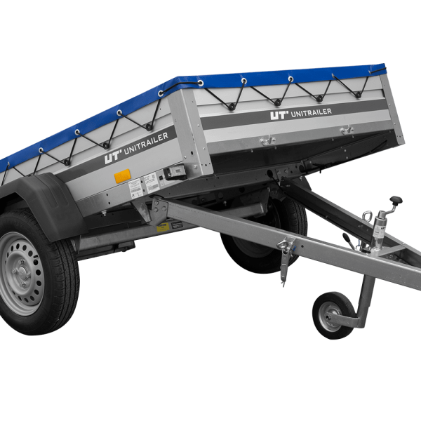 UNITRAILER Garden 201 KIPP ALU – PKW-Anhänger 201 × 125,6 cm – 750 kg – Einachser – flache blaue Plane – Ansicht 1