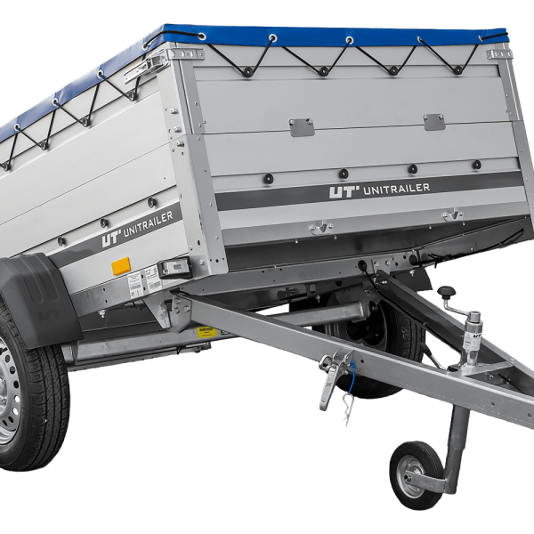 UNITRAILER Garden 201 KIPP ALU – PKW-Anhänger 201 × 125,6 cm – 750 kg – Einachser – flache blaue Plane – Zusatzbordwände: zusätzliche Vollwand-Stahlbordwände – Ansicht 1