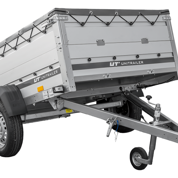 UNITRAILER Garden 201 KIPP ALU – PKW-Anhänger 201 × 125,6 cm – 750 kg – Einachser – flache graue Plane – Zusatzbordwände: zusätzliche Vollwand-Stahlbordwände – Ansicht 1