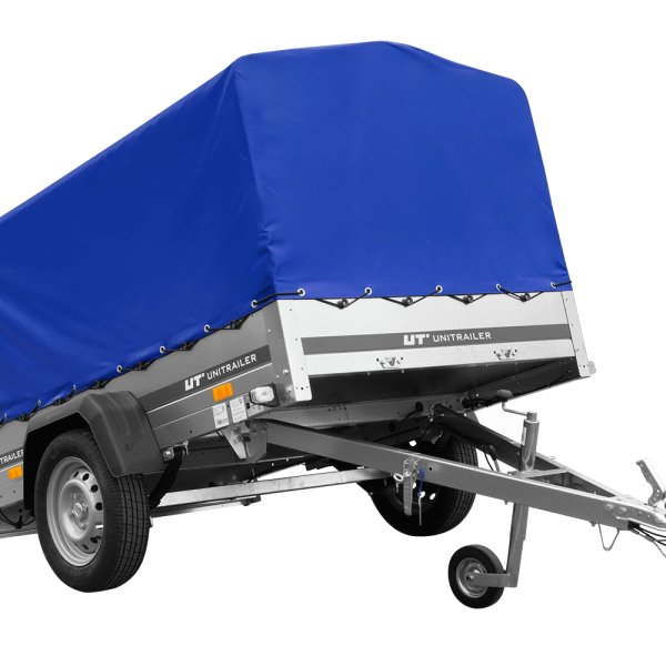 UNITRAILER Garden 201/R KIPP – PKW-Anhänger 200,6 × 125,6 cm – 750 kg – Einachser – mit Blattfederung – 80 cm hohe blaue Plane – Ansicht 1