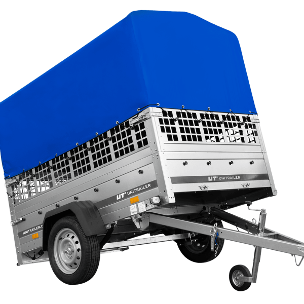 UNITRAILER Garden 201/R KIPP – PKW-Anhänger 200,6 × 125,6 cm – 750 kg – Einachser – mit Blattfederung – 80 cm hohe blaue Plane – Zusatzbordwände: Stahlgitterbordwände – Ansicht 1