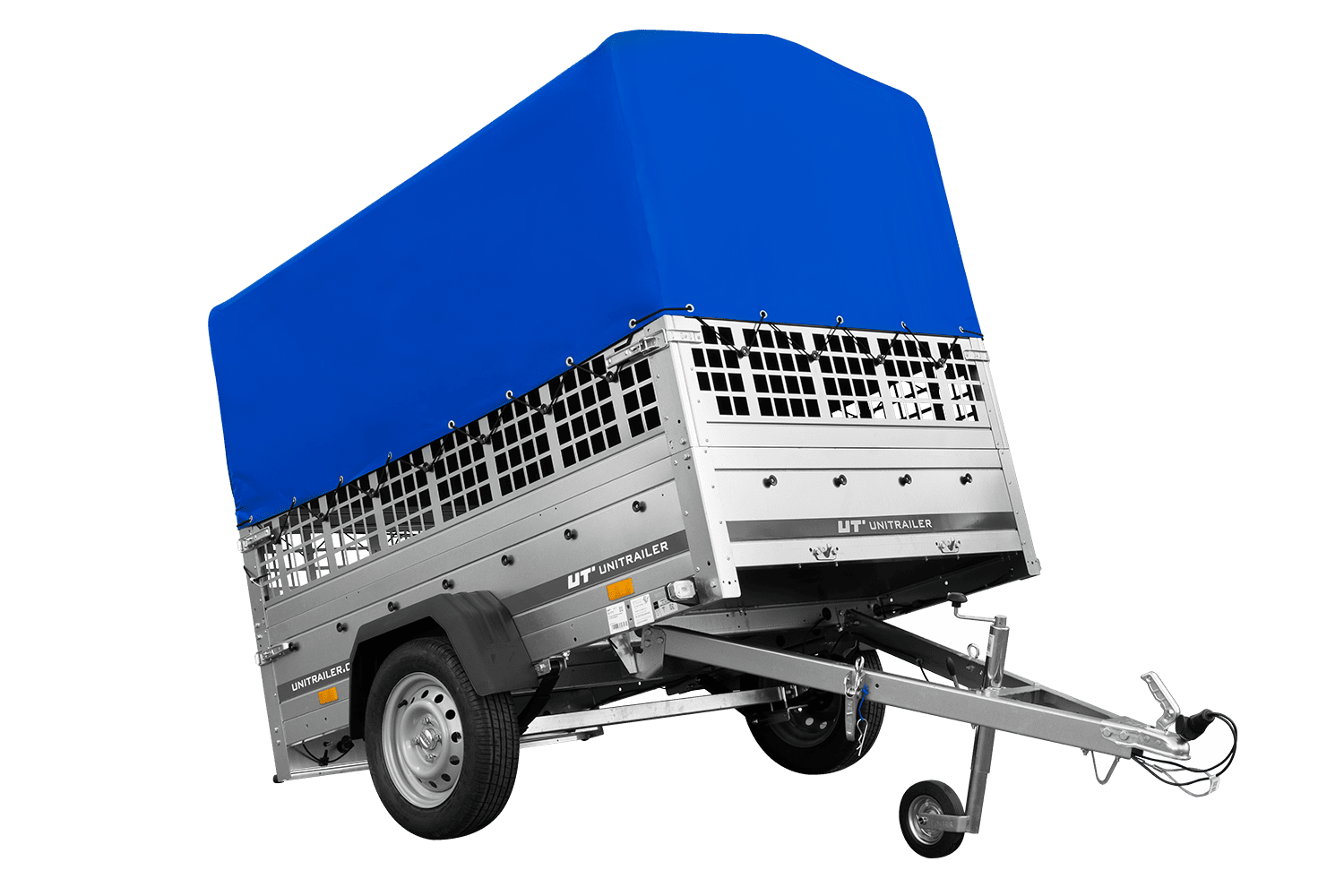 UNITRAILER Garden 201/R KIPP – PKW-Anhänger 200,6 × 125,6 cm – 750 kg – Einachser – mit Blattfederung – 80 cm hohe blaue Plane – Zusatzbordwände: Stahlgitterbordwände – Ansicht 1
