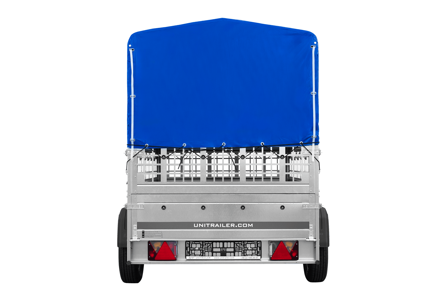 UNITRAILER Garden 201/R KIPP – PKW-Anhänger 200,6 × 125,6 cm – 750 kg – Einachser – mit Blattfederung – 80 cm hohe blaue Plane – Zusatzbordwände: Stahlgitterbordwände – Ansicht 4