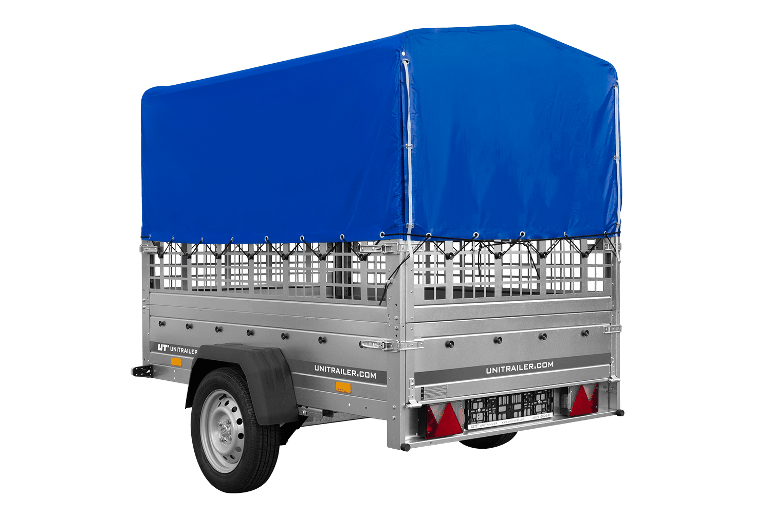 UNITRAILER Garden 201/R KIPP – PKW-Anhänger 200,6 × 125,6 cm – 750 kg – Einachser – mit Blattfederung – 80 cm hohe blaue Plane – Zusatzbordwände: Stahlgitterbordwände – Ansicht 5
