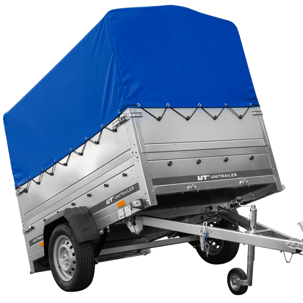 UNITRAILER Garden 201/R KIPP – PKW-Anhänger 200,6 × 125,6 cm – 750 kg – Einachser – mit Blattfederung – 80 cm hohe blaue Plane – Zusatzbordwände: zusätzliche Vollwand-Stahlbordwände – Ansicht 1