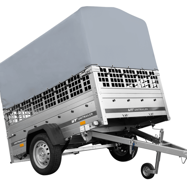UNITRAILER Garden 201/R KIPP – PKW-Anhänger 200,6 × 125,6 cm – 750 kg – Einachser – mit Blattfederung – 80 cm hohe graue Plane – Zusatzbordwände: Stahlgitterbordwände – Ansicht 1