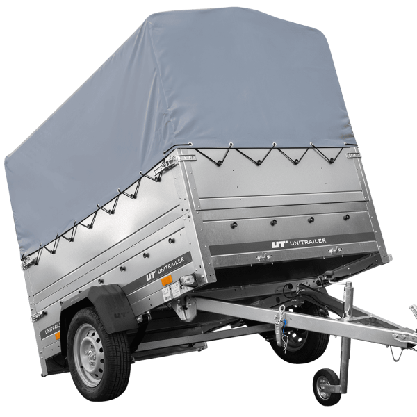 UNITRAILER Garden 201/R KIPP – PKW-Anhänger 200,6 × 125,6 cm – 750 kg – Einachser – mit Blattfederung – 80 cm hohe graue Plane – Zusatzbordwände: zusätzliche Vollwand-Stahlbordwände – Ansicht 1