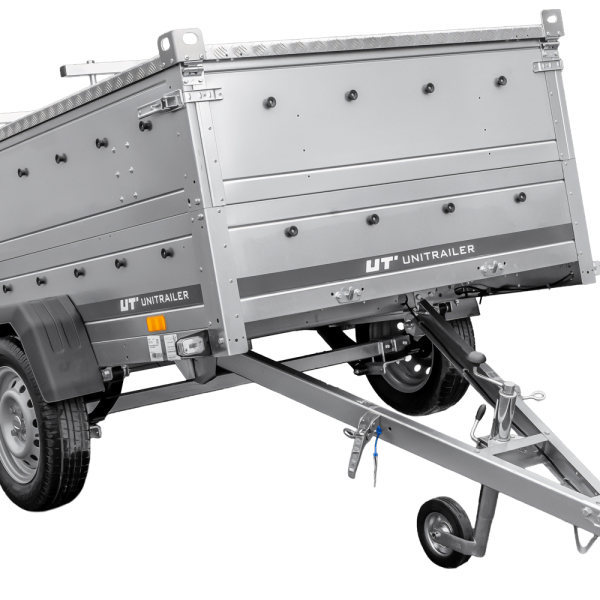 UNITRAILER Garden 201/R KIPP – PKW-Anhänger 200,6 × 125,6 cm – 750 kg – Einachser – mit Blattfederung – Aluminiumhaube – Zusatzbordwände: zusätzliche Vollwand-Stahlbordwände – Ansicht 1